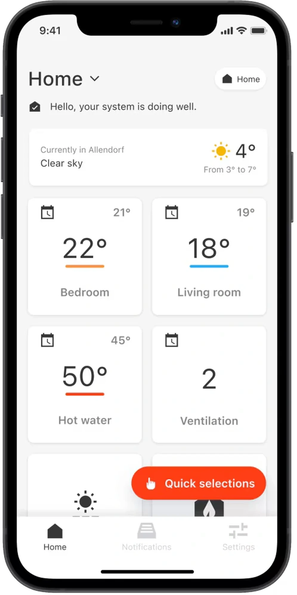 De Viessmann ViCare-app op een smartphone, met de actuele temperatuur per kamer, het warm water en de ventilatiestand